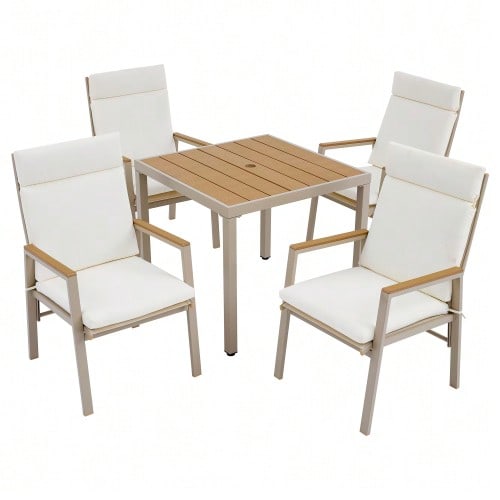 Garden Dining Set, Garden Furniture For 4 People, Consisting Of A Table And Four Chairs, Galvanized Iron Frame, Wood-Effect Top, Khaki And Beige Colour.