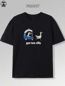 Got Too Silly "Duck Print T-Shirt, Men's Casual Short Sleeve Crew Neck T-Shirt, Pure Cotton T-Shirt, Comfortable And Breathable, Y2k Style, Regular Fit, Suitable For All Seasons" - 黑色 - 查看 8