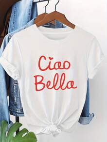 Plus Size Women's T-Shirt, Italian Style, Printed, Round Neck And Short Sleeve, With Bow Detail At The Waist, White Base With Red Letters, Lightweight For Spring And Summer. - Putih - View 1