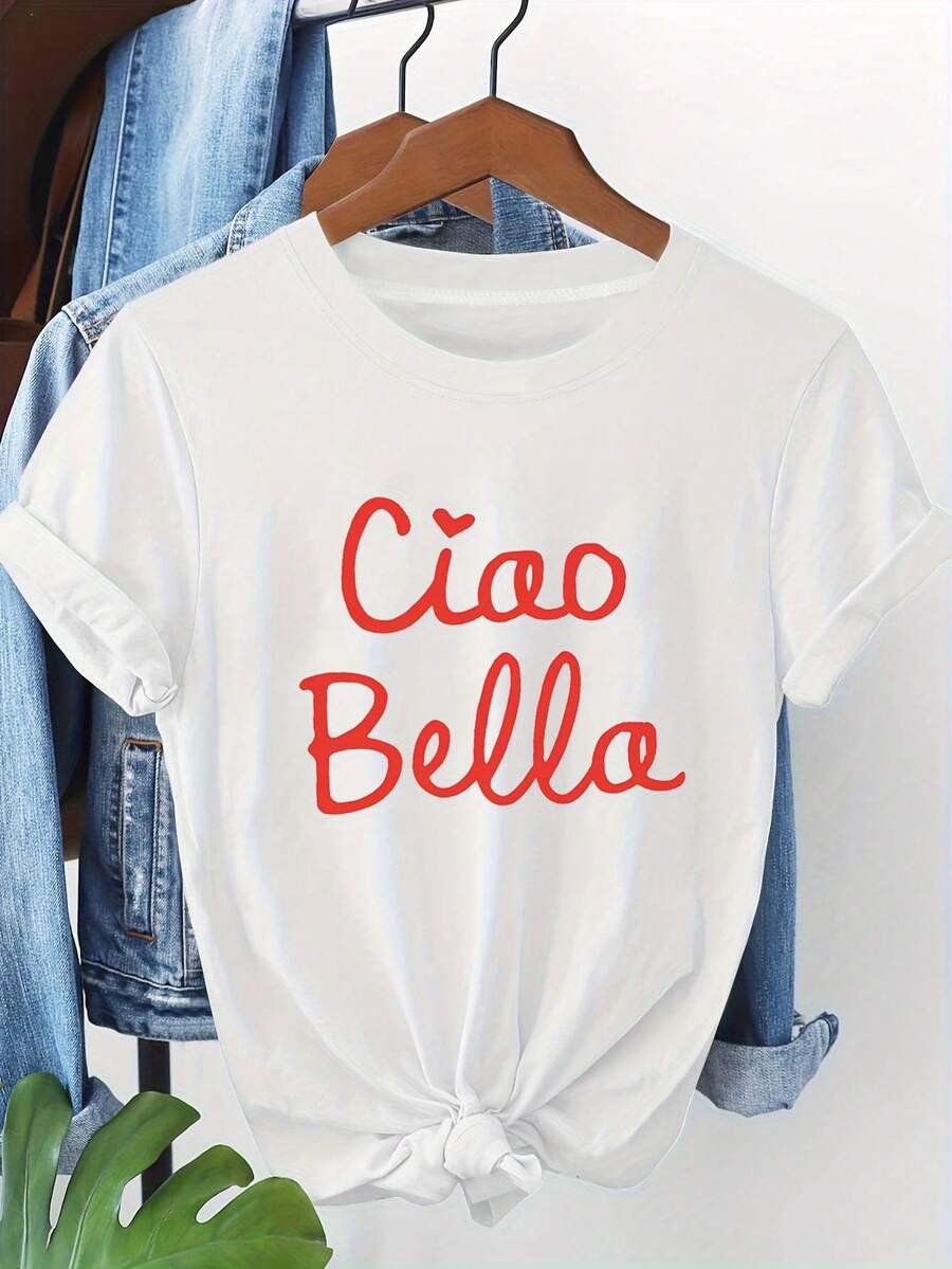 Plus Size Women's T-Shirt, Italian Style, Printed, Round Neck And Short Sleeve, With Bow Detail At The Waist, White Base With Red Letters, Lightweight For Spring And Summer. - Putih - View 1