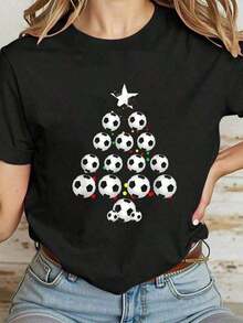 Women's 100% Cotton T-Shirt With Fun Christmas Print, Football And Holiday Decorations, Vintage Style, Unisex, Loose Fit, Short Sleeve And Round Neck, 100% Pure Cotton. - 黑色 - 查看 6