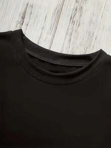 Women's Short-Sleeved T-Shirt, Casual Style, Perfect For Summer Leisure Time - Floral Print With Lettering, Black With White Text And Pink Roses, Machine Washable, Round Neck, Women's Spring And Summer T-Shirt, Loose Fit For Comfortable Wear, Fashionable Summer Item, Ideal As A Holiday Gift. Printed, Simple, Versatile, Loose Fit, Fitted Top With Round Neck. - 黑色 - 查看 5