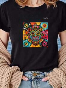 Limited Time Offer, Limited Quantity Available, Lightning , Women's Shirts, Women's T-Shirts. Women's Oversized White T-Shirt, Short Sleeve, Round Neck, Colorful Graffiti  Mask Print, Casual Mexican Style For Everyday Wear - 黑色 - 查看 3