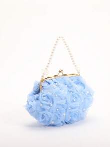 Serie Vacaciones de Verano: Bolso de Mano y Cartera de Malla con Rosas 3D en Azul Claro. Un bolso de noche de fibra de poliéster para mujer, decorado con perlas y cierre presió- Un bolso - Azul - Ver 5