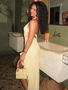 Vestido con Volantes Cuello V Elegante Espalda Descubierta Cinturón Ajustable Nueva Llegada - amarillo ganso - Ver 4