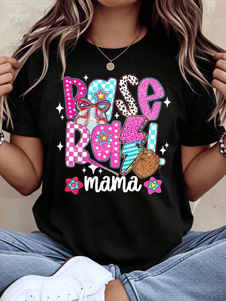 Women's "Baseball Mama" Casual T-Shirt, Soft Cotton With Colorful Graphic Design And Baseball Theme, Perfect For Sports Fans And Fashionable Mom Style. - 黑色 - 查看 1