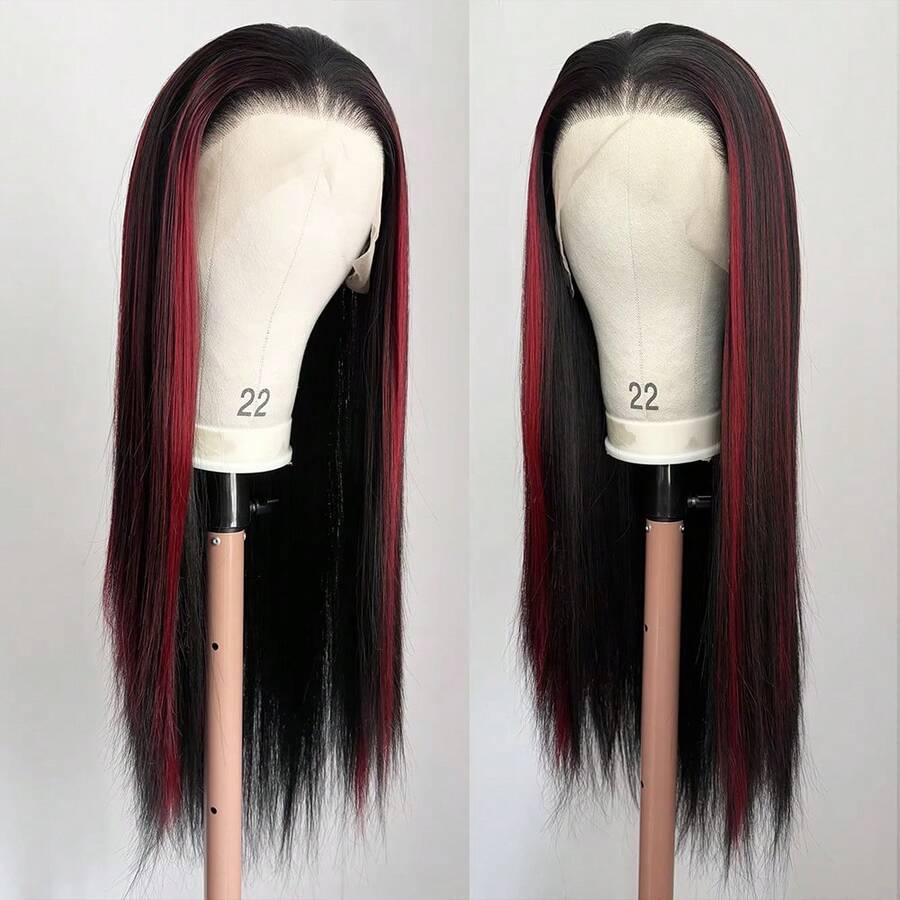 websterwigs 黑色紅色挑染 13x4 前蕾絲假髮 女款 長款絲滑直髮 合成髮 日常配戴 派對用 - 彩色 - 查看 1