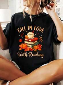100% Cotton Fall In Love With Reading Autumn Librarian Cute Book Lover T-Shirt Men's Women's Soft Breathable Tee Classic Fashion Summer Tops Round Neck Printed Short Sleeve Casual Everyday T-Shirt, They Are Excellent Gifts For Friends And Family,100% Cotton T-Shirts Feature, A Youthful And Fashionable Design Blusas Para Mujer Casual - 黑色 - 查看 1