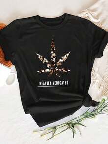 Women's Casual Short Sleeve T-Shirt In Black With Marble Leaf Print And Text HEILY MEDICATED - Breathable Round Neck Blouse For Summer And Casual Wear, Round Neck Printed Short Sleeve Casual Everyday T-Shirt, Excellent Gifts For Friends And Family, 100% Cotton, A Youthful And Fashionable Design - 黑色 - 查看 6