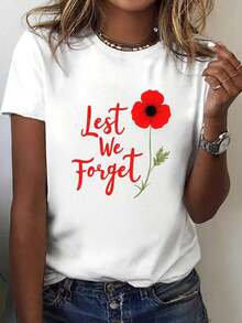 Women's 2026 Graphic Tees - Poppy "Lest We Forget" Commemorative Print T-Shirt - Short Sleeve, Crew Neck, Casual Style, Suitable For Summer And Spring, Poppy Commemorative Clothing, Machine Washable, Comfortable Casual Wear, 100% Cotton, For Summer - 白色 - 查看 1