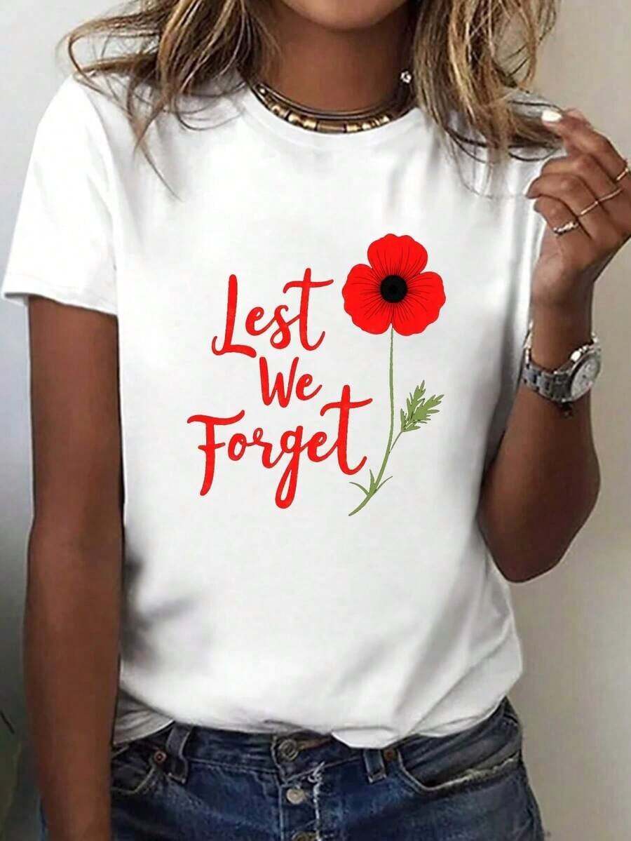 Women's 2026 Graphic Tees - Poppy "Lest We Forget" Commemorative Print T-Shirt - Short Sleeve, Crew Neck, Casual Style, Suitable For Summer And Spring, Poppy Commemorative Clothing, Machine Washable, Comfortable Casual Wear, 100% Cotton, For Summer - 白色 - 查看 1