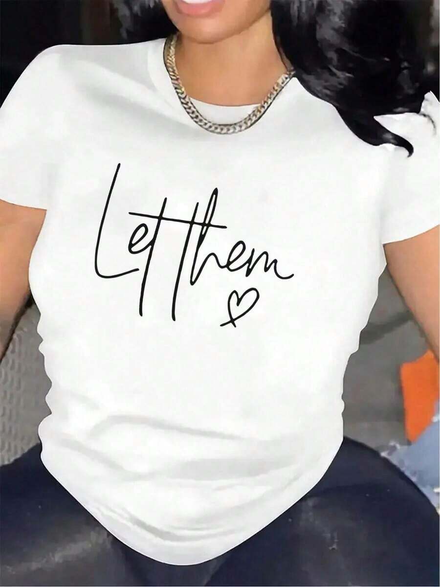 Women's Black T-Shirt With 'Let Them Script' Print And Heart Design - Lightweight Casual Crew Neck Top, White Lettering And Heart Cutouts | Women's Blouses > Clothing - 白色 - 查看 1