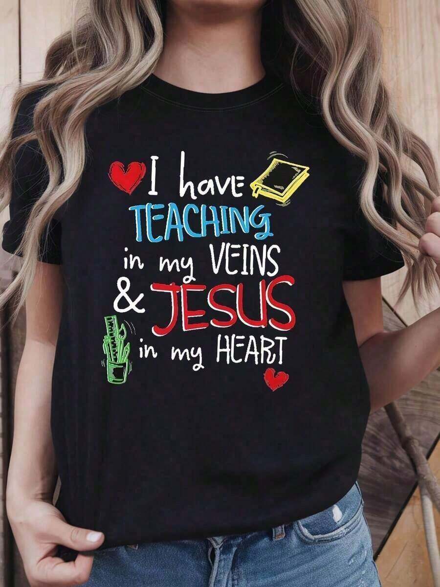 Under The Radar Women's Blouses Teacher Faith Themed Print T-Shirt, Women's Casual Spring-Autumn Short Sleeve Crew Neck T-Shirt For Everyday Teacher Wear, Holiday Gift Suitable For Spring, Summer And Autumn - Vintage Street Style Unisex Loose Cotton Short Sleeve Crew Neck T-Shirt - 黑色 - 查看 1