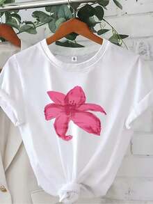 Soft Stretch T-Shirt | Loose Fit T-Shirt For Everyday Wear With White And Pink Floral Details, Casual Top For Women For All Seasons, Versatile And Comfortable, Short Sleeve, Fashionable Casual Clothing - 白色 - 查看 7