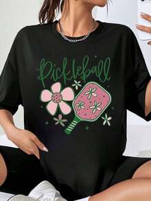 Camiseta de Pickleball con Diseño Floral para Mujer, Estilo Casual, Talla Grande, con Pala Rosa y Gráfico Floral para un Estilo de Vida Deportivo. - Negro - Ver 7