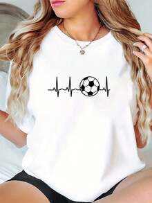 Fashionable Casual Sports T-Shirt For Women, Simple And Elegant Football Print, Short Sleeve T-Shirt, Sports T-Shirt - 白色 - 查看 1