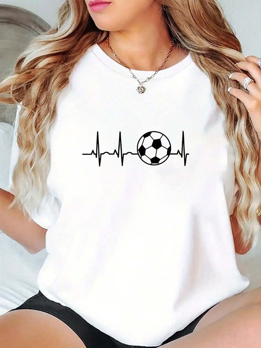 Fashionable Casual Sports T-Shirt For Women, Simple And Elegant Football Print, Short Sleeve T-Shirt, Sports T-Shirt - 白色 - 查看 1
