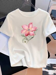 Modern Minimalist Floral Print T-Shirt For Women - White Blouse With Pink Flowers, Suitable For Daily And Formal Wear, Machine Washable, Perfect For Office, Parties And Holidays, Versatile Fashion Casual Shirt For Women For Everyday Wear. - 白色 - 查看 7