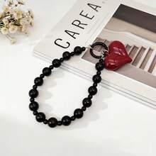 Short Phone Lanyard With Red Big Heart Pendant, Suitable For Camera, Bag, Keys, Universal Clip - Black - View 10