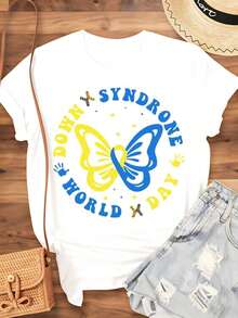 Butterfly Awareness T-Shirt For World Down Day For Women And Men, Unisex Casual Wear, Gift For Special Needs Advocacy Events, 220g - Vintage Urban Style, Unisex Loose Fit Pure Cotton Short Sleeve Crew Neck T-Shirt, 100% Pure Cotton. - 白色 - 查看 4