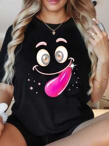 Women's Short Sleeve Crew Neck T-Shirt, Funny Pink Tongue And Sparkle Face Design, Black Crew Neck Top, Casual Graphic Tee. The Fun Prints Are Suitable For Christmas Parties, Sports Activities, Holiday Parties, Outings, Sports, And Other Christmas Gifts (220g). - 黑色 - 查看 1