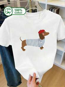 Women's Casual T-Shirt, 100% Cotton, Short Sleeve, With Cartoon Dachshund Print. Suitable For Outdoor Wear, Summer Wear, With A Feminine Design. White. 100% Cotton. Durable. - 白色 - 查看 1