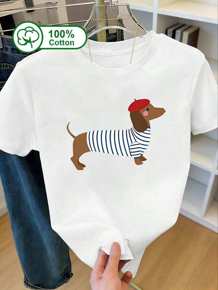 Women's Casual T-Shirt, 100% Cotton, Short Sleeve, With Cartoon Dachshund Print. Suitable For Outdoor Wear, Summer Wear, With A Feminine Design. White. 100% Cotton. Durable. - 白色 - 查看 1