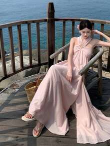 New Women's Long Summer Dress, Pink, 'pure And Sexy' Style, Elegant And Sophisticated, Holiday, Exclusive, Designer, Halter Neck, Flattering, Perfect For Vacation, Beach And Fairy Looks - 粉色 - 查看 2