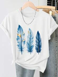 Women's Summer Clothing, Plus Size Casual T-Shirt, Lightweight Luxury Minimalist Style With Blue And Gold Gradient Print, Round Neck And Short Sleeves, Fashionable For Commuting, Vacation And Versatile Everyday Wear, Vintage Top, Available In Sizes 1XL-5XL - 白色 - 查看 1