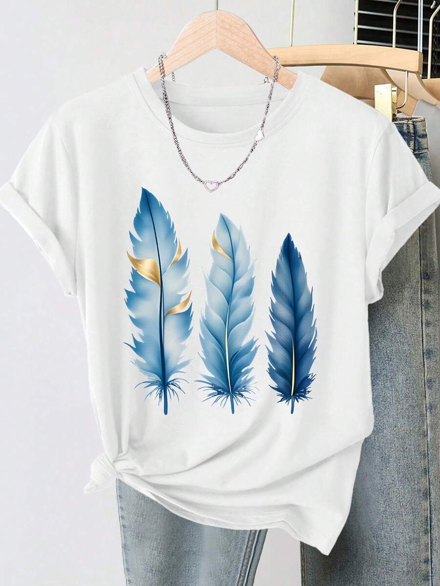 Women's Summer Clothing, Plus Size Casual T-Shirt, Lightweight Luxury Minimalist Style With Blue And Gold Gradient Print, Round Neck And Short Sleeves, Fashionable For Commuting, Vacation And Versatile Everyday Wear, Vintage Top, Available In Sizes 1XL-5XL - 白色 - 查看 1