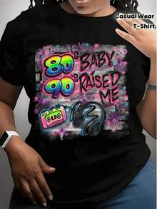 Women's Printed T-Shirt - Casual Short Sleeve Crew Neck T-Shirt In Black With Shiny 80's Design In Colors, Relaxed Fit For All Seasons, Perfect For Daily Wear And Holiday Outfits, Machine Washable. - Black - View 1