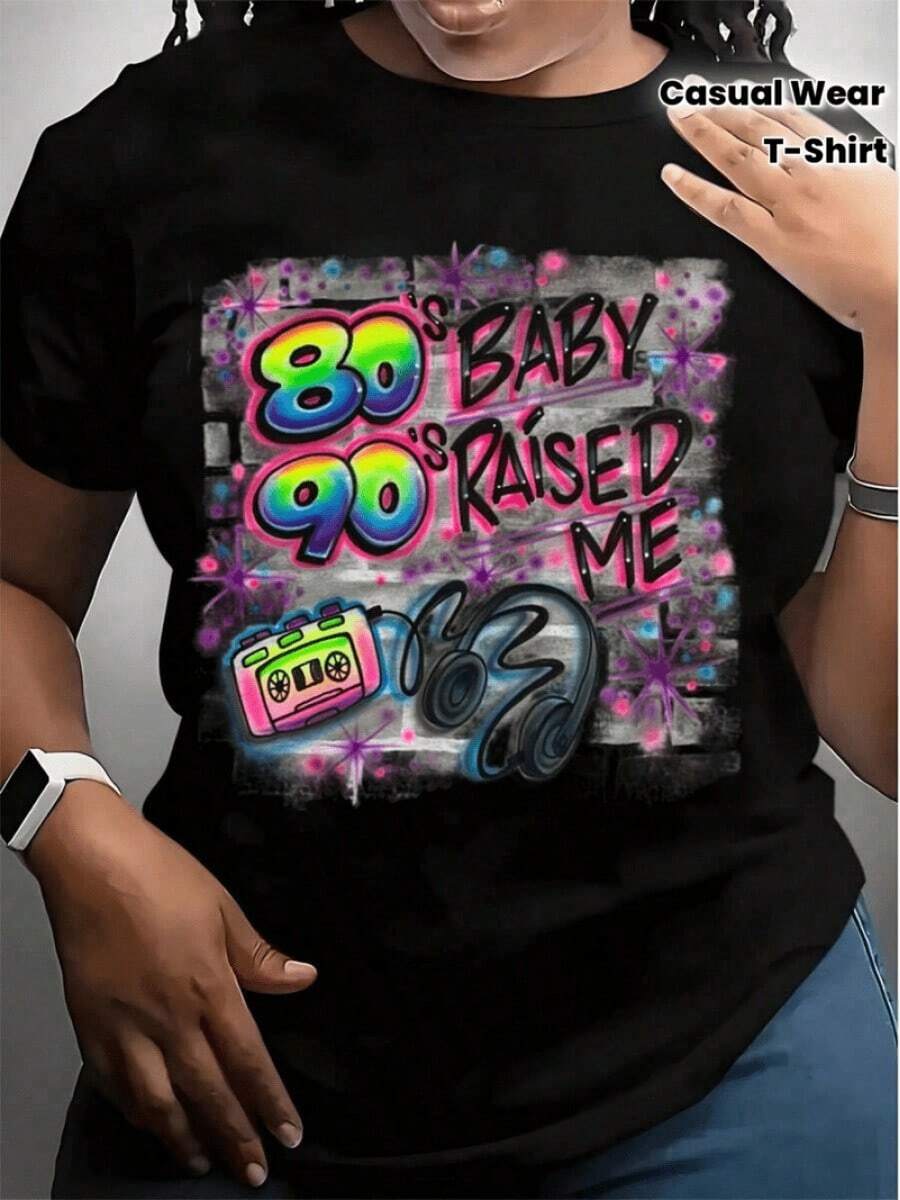Women's Printed T-Shirt - Casual Short Sleeve Crew Neck T-Shirt In Black With Shiny 80's Design In Colors, Relaxed Fit For All Seasons, Perfect For Daily Wear And Holiday Outfits, Machine Washable. - Black - View 1