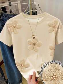 Women's Casual All-Over Floral Print T-Shirt, Cute Y2K Style Flower Pattern, Street Fashion, Back To School, Leisure Floral T-Shirt - Vintage Street Style Unisex Cotton Short Sleeve Crew Neck T-Shirt - 杏色 - 查看 1