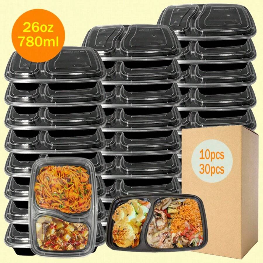 10/30個可重複使用雙格食物儲存盒附蓋,耐用防漏,適用微波爐、冷凍庫、洗碗機,便攜外帶,黑色 - 10pcs - 查看 1