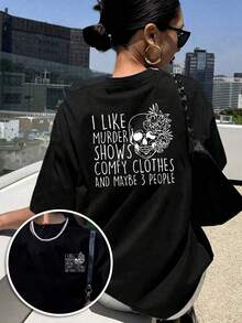New 2026 Collection: Cotton T-Shirt With Front And Back Print, A Summer Essential Short-Sleeved T-Shirt For Fans Of The Mystery Show, Comfortable Casual Round Neck T-Shirt For Women - Women's Clothing, Comfortable Fit, Classic Design Short-Sleeved T-Shirt. - 黑色 - 查看 1