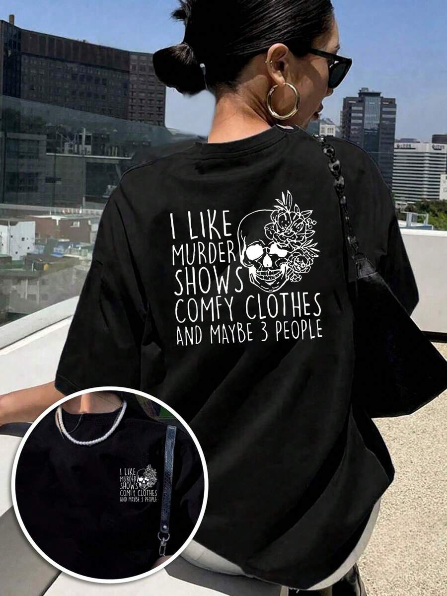 New 2026 Collection: Cotton T-Shirt With Front And Back Print, A Summer Essential Short-Sleeved T-Shirt For Fans Of The Mystery Show, Comfortable Casual Round Neck T-Shirt For Women - Women's Clothing, Comfortable Fit, Classic Design Short-Sleeved T-Shirt. - 黑色 - 查看 1