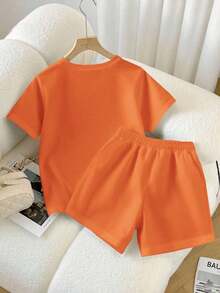Conjunto casual diario de top de manga corta de cuello redondo de unicolor y shorts con cordón en la cintura para mujer - Naranja - Ver 2