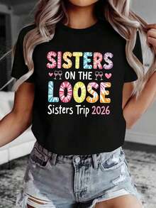 Women's Printed Short-Sleeved Camisole, 100% Cotton, From The Original Sisters On The Loose Brand, Red Round Neck, Loose Fit, Casual Style, Perfect For Outings With Friends And Everyday Wear. Soft - 黑色 - 查看 1