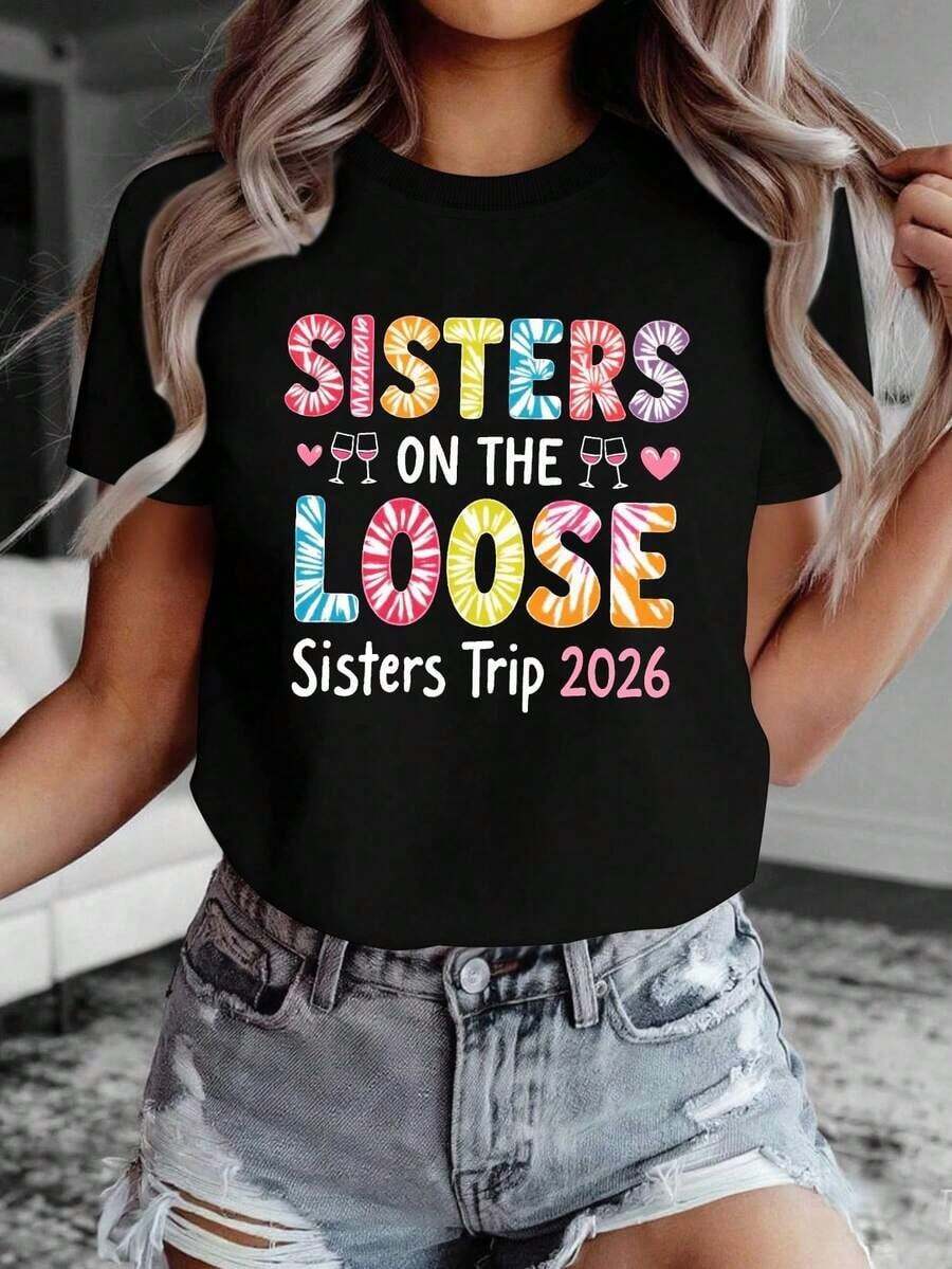 Women's Printed Short-Sleeved Camisole, 100% Cotton, From The Original Sisters On The Loose Brand, Red Round Neck, Loose Fit, Casual Style, Perfect For Outings With Friends And Everyday Wear. Soft - 黑色 - 查看 1