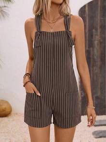 Linen Blend Women's Solid Color Dual Pocket Twist Knot Romper - Marrón 2 - Ver 7