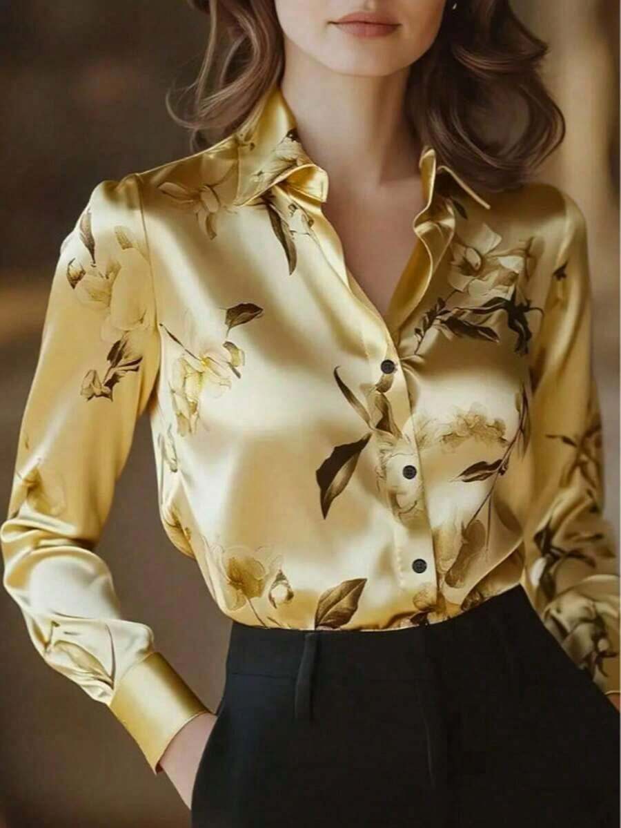 1 Piece Of Long-Sleeved Button-Down Shirt With Floral Print, Suitable For Dates, Holidays, Birthdays, Parties, Travel, Spring/Autumn Vacation. - 淺金色 - 查看 1
