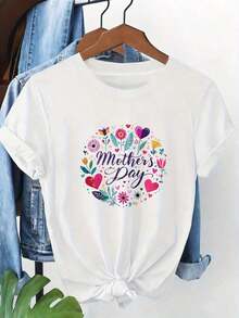 Premium 100% Cotton Floral Print T-Shirt Y2K - Short Sleeve, Crew Neck, Pullover Style With Knotted Hem And Rolled Cuffs, Soft Summer T-Shirt, Ideal For Pairing With A Denim Jacket, A Gift For Mom. Simple Solid Color T-Shirt, Loose And Fitted Cut, Casual Short Sleeves. Gift Idea. - 白色 - 查看 1