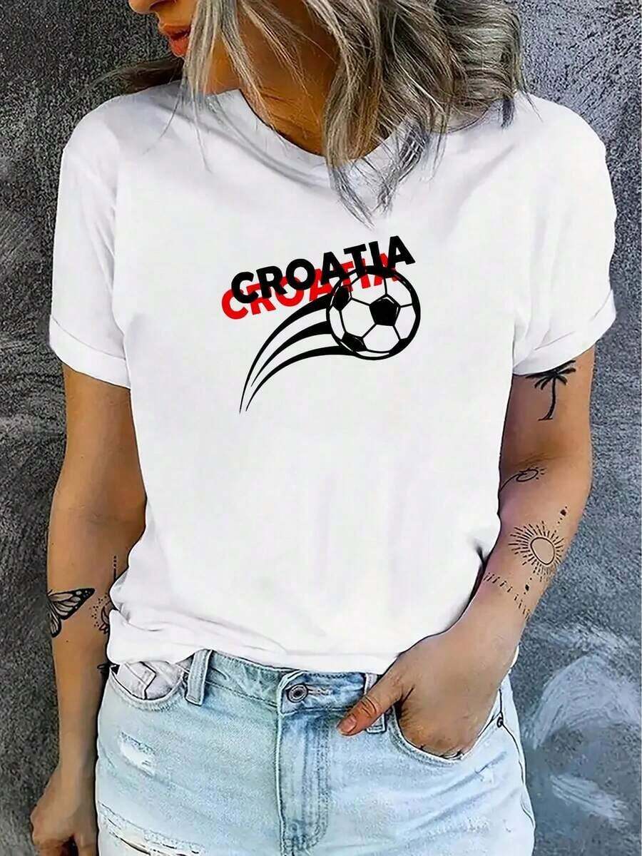 Soft 100% Cotton T-Shirt With European Football Cup Print, Versatile Casual Sports T-Shirt For Women, 100% Cotton, Cool And Breathable, Matches With Everything. - 白色 - 查看 1
