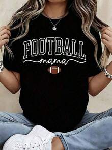 Premium Cotton Graphic T-Shirt, Plus Sizes, "Football Mama" T-Shirt For Women, Casual Short Sleeve Graphic Tee For Football-Facing Moms, Gift For Mom, White, Y2K Style, Oversized T-Shirt, Summer Tops, Minimalist Casual Basic Crew Neck Short Sleeve T-Shirt, Gift Idea - 黑色 - 查看 6