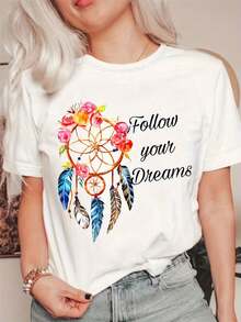 Short-Sleeved T-Shirt With A Print From The "Directional Spring And Summer Collection Dream Network And Motivational Slogan Follow Your Dreams" Spring And Summer Collection. Slightly Stretchy, Comfortable, Casual, Versatile, Crew Neck, Ideal For All Seasons. - 白色 - 查看 1