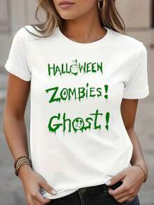 Soft, Breathable, And Lightweight For All-Day Wear. Women's Halloween T-Shirt, Comfortable - Evil Ghost And Zombie Print T-Shirt - Soft And Breathable Crew Neck T-Shirt, Suitable For Halloween Party Costumes And Cosplay Events. - Casual Halloween Costume For Everyday Wear - Women's Halloween Costume, Festive Clothing, Strong Print Design, Comfortable Fit, Short Sleeve Top, Classic Style For Holiday Shopping. Crew Neck With Relaxed Fit That Flatters All Body Shapes And Is Easy To Pair With Jeans, Shorts, And Leggings. - 白色 - 查看 7