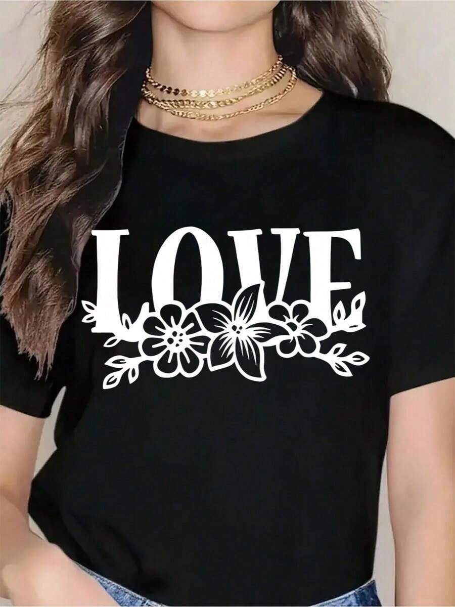 Women's Floral Love Print T-Shirt, Casual Summer T-Shirt For Women, Fashion Top For Valentine's Day And Everyday Wear - 黑色 - 查看 1