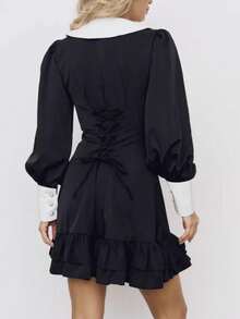 Two-Tone Dress With Lapel Collar And Buttons, Sweet Elegant Style Spring 2026 - Black - View 4