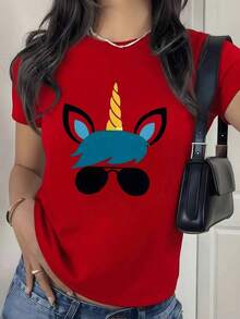 2026 New Cotton Shirt - 100% Cotton - Unicorn With Dark Glasses Symbolizing Confidence - Modern Fantasy For Cheerful Women - Soft And Comfortable Women's T-Shirt - Women's Simple Solid Color Shirt, Loose And Casual Short Sleeve - 紅色的 - 查看 1
