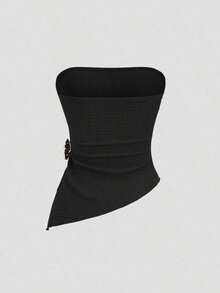 Top corto sexy de mujer con detalle fruncido y abertura lateral - Negro - Ver 2